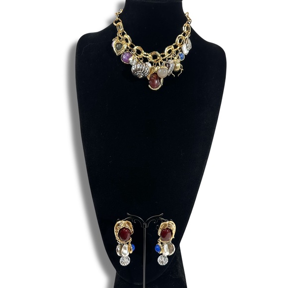 ZARA Double Gold Link Eclectic Burgundy & Blue Charm Necklace | NWOT - Picture 5 of 6